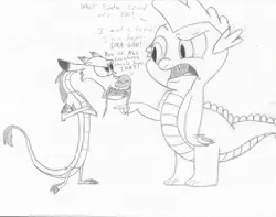 Size: 1024x805 | Tagged: artist:megaanimationfan, confused, crossover, derpibooru import, dialogue, dragon, lizard, monochrome, mulan, mushu, reference, safe, spike, talking, traditional art