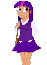 Size: 1024x1396 | Tagged: artist:megaanimationfan, bag, clothes, derpibooru import, dress shirt, human, humanized, safe, simple background, skirt, sweater vest, twilight sparkle, white background