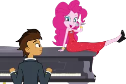 Size: 1600x1067 | Tagged: safe, artist:imperfectxiii, derpibooru import, pinkie pie, oc, oc:copper plume, equestria girls, rainbow rocks, bare shoulders, canon x oc, clothes, copperpie, dress, female, high heels, male, microphone, outfit, piano, pinkie on a piano, red dress, sleeveless, strapless