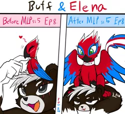 Size: 2039x1853 | Tagged: safe, artist:potzm, derpibooru import, oc, oc:elena, unofficial characters only, bear, gryphon, parrot, :3, blushing, choker, doodle, eyes closed, fangs, furry, heart, heart eyes, non-mlp oc, open mouth, smiling, spread wings, wingding eyes