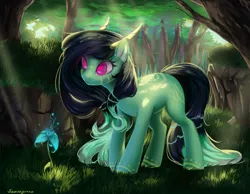 Size: 3600x2800 | Tagged: safe, artist:santagiera, derpibooru import, oc, unofficial characters only, pony, female, flower, forest, grass, horns, looking down, mare, outdoors, poison joke, signature, solo, standing, tree