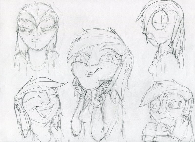 Size: 3503x2543 | Tagged: artist:megaanimationfan, dashface, derpibooru import, expressions, human, humanized, monochrome, rainbow dash, safe, sketch, traditional art