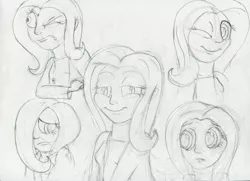 Size: 3503x2543 | Tagged: artist:megaanimationfan, derpibooru import, expressions, fluttershy, human, humanized, monochrome, safe, sketch, traditional art