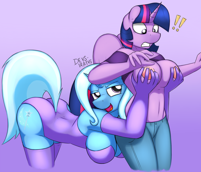 Size: 1920x1645 | Tagged: questionable, artist:devs-iratvs, derpibooru import, trixie, twilight sparkle, twilight sparkle (alicorn), alicorn, anthro, unicorn, assisted exposure, bad touch, bedroom eyes, belly button, big breasts, breast fondling, breast grab, breasts, busty trixie, busty twilight sparkle, clothes, cutie mark, evening gloves, exclamation point, female, grope, jeans, leotard, lesbian, magician outfit, mare, molestation, nipples, nudity, open mouth, pants, shipping, shirt lift, smiling, stockings, surprised, twixie