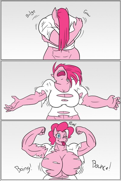 Size: 853x1280 | Tagged: anthro, artist:clock-face, barbie doll anatomy, breast expansion, breasts, buff pie, busty pinkie pie, comic, comic:pinkie sense, derpibooru import, featureless breasts, female, muscle expansion, muscles, pinkamena diane pie, pinkamena diane pump, pinkie pie, pinkie pump, questionable, transformation, wardrobe malfunction