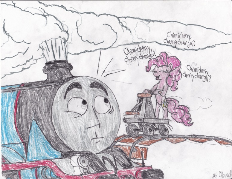 Size: 6600x5100 | Tagged: absurd resolution, artist:endlesswire94, chimicherrychanga, crossover, derpibooru import, gordon, gordon the big engine, hand car, parody, pinkie pie, reference, safe, the last roundup, thomas the tank engine, traditional art