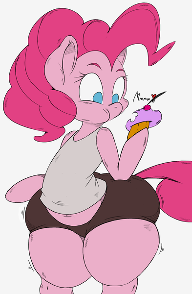 Size: 1256x1920 | Tagged: artist:purple-yoshi-draws, butt expansion, clothes, compression shorts, cupcake, derpibooru import, edit, large butt, pinkie pie, pinkie thighs, plump, semi-anthro, shorts, solo, suggestive, thunder thighs, wide hips