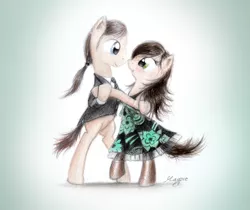 Size: 1024x861 | Tagged: safe, artist:theflyingmagpie, derpibooru import, oc, oc:kicia, oc:magpie, unofficial characters only, pony, bipedal, clothes, dancing, dress, suit, traditional art