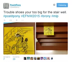 Size: 1096x944 | Tagged: artist:postitpony, derpibooru import, grammar error, meta, safe, stair well, sticky note, traditional art, trouble shoes, twitter