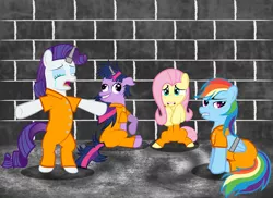 Size: 2160x1570 | Tagged: artist:spellboundcanvas, bondage, bound wings, clothes, derpibooru import, fluttershy, horn cap, magic suppression, prison, prisoner rd, prisoner ts, prison outfit, rainbow dash, rarity, safe, twilight snapple, twilight sparkle