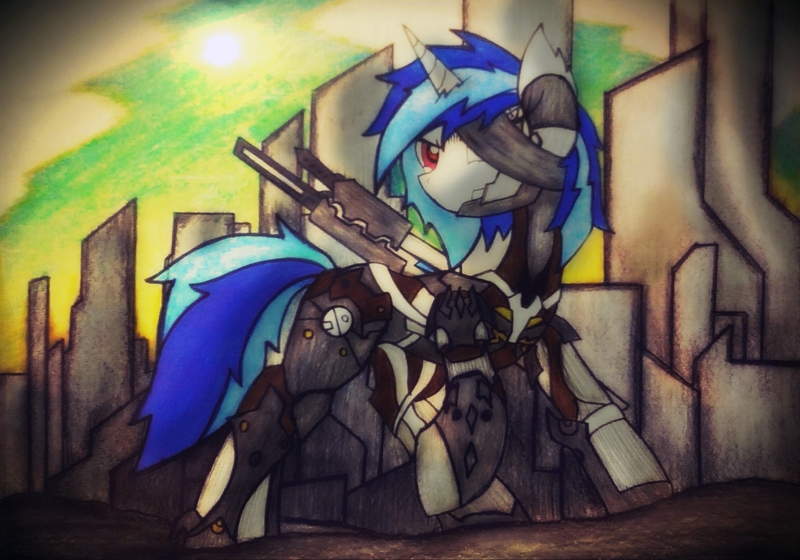 Size: 2030x1421 | Tagged: armor, artist:canvymamamoo, crossover, derpibooru import, konami, metal gear, metal gear rising, raiden, safe, solo, sword, traditional art, video game, vinyl scratch