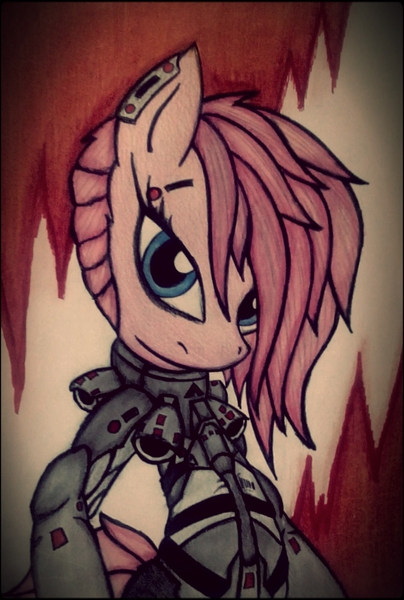 Size: 1347x2000 | Tagged: armor, artist:canvymamamoo, crossover, derpibooru import, konami, metal gear, metal gear rising, mistral, pinkamena diane pie, pinkie pie, safe, solo, traditional art, video game