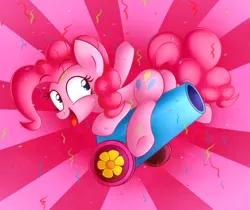 Size: 3100x2600 | Tagged: safe, artist:heavymetalbronyyeah, derpibooru import, pinkie pie, earth pony, pony, butt, confetti, female, high res, mare, party cannon, plot, solo, tongue out