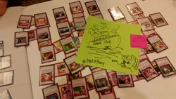 Size: 599x337 | Tagged: artist:postitpony, card game, derpibooru import, everfree northwest, safe, shipfic, sticky note, traditional art, trash ship