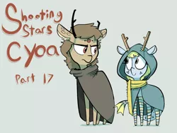 Size: 1200x900 | Tagged: artist:whydomenhavenipples, cloak, clothes, cute, cyoa, deer, derpibooru import, /mlp/, oc, oc:deinna, oc:dienna, oc:flo, safe, scarf, shooting stars cyoa, socks, title card, unofficial characters only