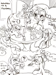 Size: 800x1066 | Tagged: safe, artist:wan, derpibooru import, flash sentry, princess cadance, twilight sparkle, twilight sparkle (alicorn), alicorn, pony, burger, eating, embarrassed, female, flashlight, food, hay burger, japanese, male, mare, mogu, monochrome, shipping, straight, that pony sure does love burgers, twilight burgkle