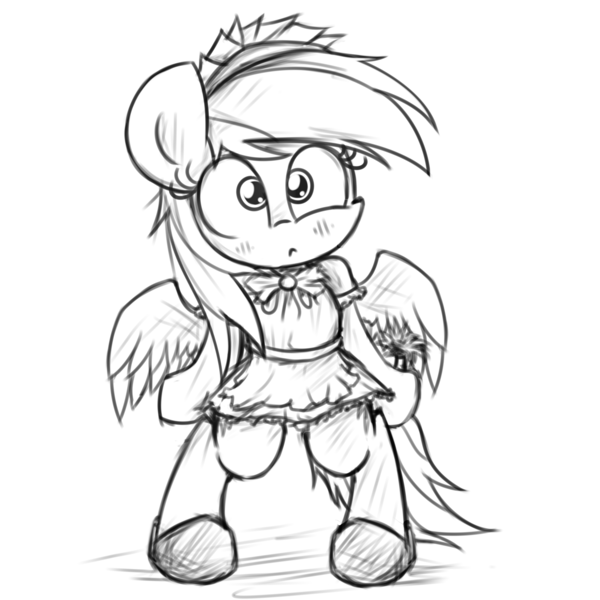 Size: 2000x2000 | Tagged: artist:heavymetalbronyyeah, blushing, clothes, cute, derpibooru import, maid, monochrome, rainbow dash, rainbow dash always dresses in style, safe, semi-anthro, sketch, solo, standing