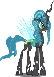 Size: 3885x5500 | Tagged: alternate hairstyle, artist:xebck, changeling, changeling queen, crystallized, dead source, derpibooru import, horn, queen chrysalis, safe, simple background, smiling, solo, transparent background, wings