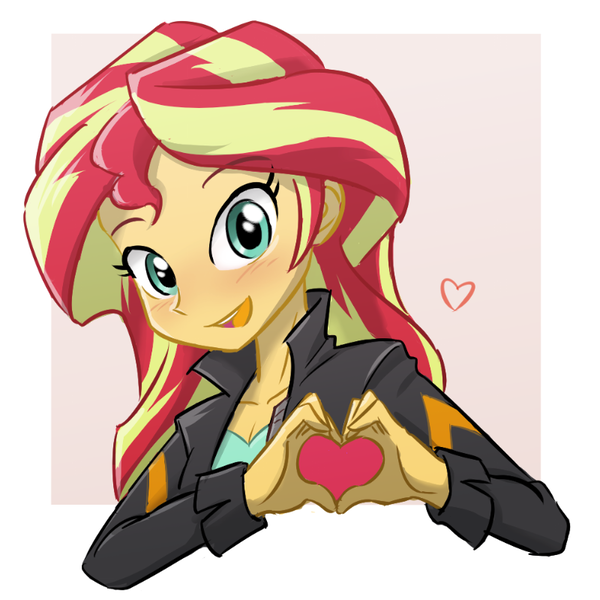 Size: 800x800 | Tagged: safe, artist:ta-na, derpibooru import, sunset shimmer, equestria girls, blushing, bust, clothes, cute, female, heart, heart hands, looking at you, moe moe kyun, open mouth, shimmerbetes, smiling, solo