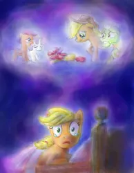 Size: 692x891 | Tagged: safe, artist:arimovergremrider, derpibooru import, apple bloom, applejack, granny smith, scootaloo, sweetie belle, earth pony, pegasus, pony, unicorn, accident, applebuse, bad dream, crying, cutie mark crusaders, death, dream, female, filly, heartbreak, mare, nightmare