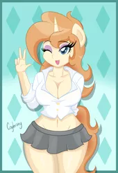 Size: 3766x5551 | Tagged: suggestive, artist:thebrokencog, derpibooru import, oc, oc:peachy cream, unofficial characters only, anthro, unicorn, anthro oc, belly button, blouse, breasts, button-up shirt, cleavage, clothes, female, microskirt, midriff, miniskirt, peace sign, short skirt, skirt, solo, solo female, wink