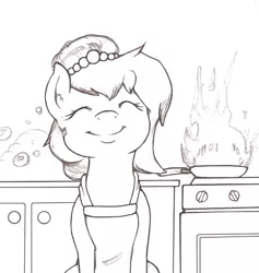Size: 571x602 | Tagged: safe, artist:i am nude, derpibooru import, oc, oc:brownie bun, unofficial characters only, earth pony, pony, apron, bubble, burning, clothes, eyes closed, female, fire, foam, frying pan, grayscale, happy, kitchen, mare, monochrome, simple background, smiling, solo, white background