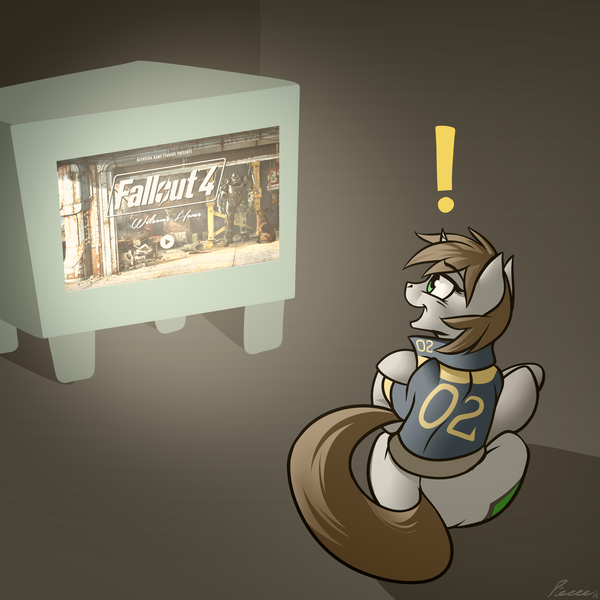 Size: 1280x1280 | Tagged: safe, artist:whitepone, derpibooru import, oc, oc:littlepip, unofficial characters only, pony, unicorn, fallout equestria, fanfic, clothes, crossover, exclamation point, fallout, fallout 4, fanfic art, female, mare, solo, television, vault suit