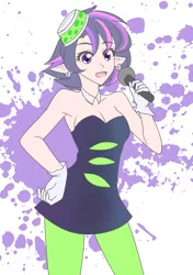 Size: 1403x1994 | Tagged: alternate hairstyle, armpits, artist:jonfawkes, cleavage, clothes, cosplay, derpibooru import, ear piercing, elf ears, female, gloves, human, humanized, marie (splatoon), microphone, piercing, punklight sparkle, safe, shoulderless, singing, solo, splatoon, twilight sparkle