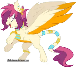 Size: 2489x2173 | Tagged: safe, artist:xwhitedreamsx, derpibooru import, oc, oc:zafarina, unofficial characters only, pony, sphinx, anklet, bedroom eyes, bipedal, bracelet, commission, ear piercing, earring, fangs, fluffy, jewelry, looking at you, necklace, open mouth, piercing, rearing, simple background, smiling, solo, sphinx oc, spread wings, transparent background