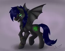 Size: 2300x1800 | Tagged: safe, artist:lu-kurio, derpibooru import, oc, oc:sicarius, unofficial characters only, bat pony, hybrid, pony, bat wings, bedroom eyes, dark, edgy, fangs, fluffy, green eyes, grin, looking at you, male, raised hoof, raised leg, scar, simple background, smirk, solo, spread wings