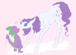 Size: 1100x800 | Tagged: safe, artist:jakneurotic, derpibooru import, rarity, spike, dragon, pony, unicorn, blushing, female, interspecies, kissing, male, mare, shipping, size difference, sparity, straight, tailboner