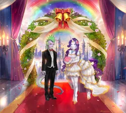 Size: 1000x899 | Tagged: safe, artist:kazeco, derpibooru import, rarity, spike, centaur, taur, candle, female, human facial structure, humanized, male, mohawk, pixiv, ponytaur, rainbow, shipping, sparity, straight, tailed humanization, wedding