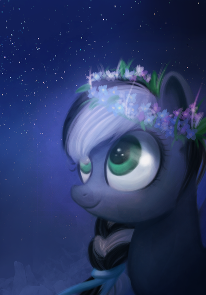 Size: 818x1172 | Tagged: safe, artist:annielith, derpibooru import, oc, unofficial characters only, pony, forget-me-not, gift art, night, pigtails, solo, wreath