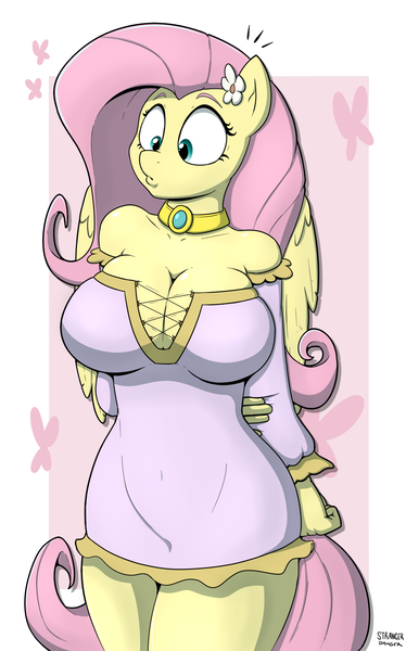 Size: 1198x1920 | Tagged: anthro, artist:strangerdanger, breasts, busty fluttershy, cleavage, clothes, derpibooru import, dress, female, fluttershy, full service playing cards, solo, suggestive