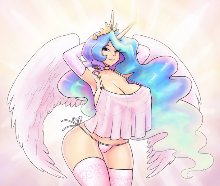 Size: 2000x1694 | Tagged: alternate version, arm behind head, armpits, artist:maniacpaint, bedroom eyes, big breasts, breasts, busty princess celestia, choker, cleavage, clothes, derpibooru import, erect nipples, evening gloves, female, horned humanization, human, humanized, looking at you, nipples, nudity, panties, pink underwear, praise the sun, princess celestia, questionable, see-through, sideboob, side knot underwear, smiling, socks, solo, solo female, spread wings, stockings, thigh highs, underwear, winged humanization