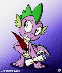 Size: 680x800 | Tagged: safe, artist:arthur9078, artist:dfectivedvice, derpibooru import, spike, dragon, baby, baby dragon, colored, cute, fangs, feather, green eyes, letter, male, quill, raised eyebrow, scroll, signature, solo, spikabetes