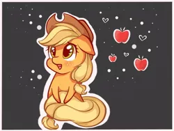 Size: 800x600 | Tagged: apple, applejack, artist:von-seay, chibi, cute, derpibooru import, floppy ears, food, heart, jackabetes, open mouth, safe, sitting, smiling, solo