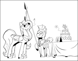 Size: 2100x1650 | Tagged: safe, artist:wandrevieira1994, derpibooru import, princess celestia, princess luna, oc, oc:au hasard, bat pony, pony, armor, cake, canterlot castle, cherry, figure, frown, guard, magic, monochrome, night guard, nonchalant, spear, stealing, telekinesis, weapon, whistling, wip