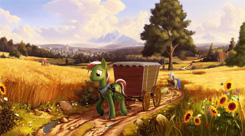 Size: 5400x3000 | Tagged: safe, artist:devinian, derpibooru import, fiddlesticks, oc, oc:ever steady, bee, earth pony, pony, absurd resolution, apple family member, au:eqcl, cloud, detailed, dirt, dirt road, female, field, flower, grass, guitar case, hat, house, looking down, male, mare, mountain, scenery, scenery porn, stallion, sunflower, town, tree, unshorn fetlocks, wagon, walking, wheat