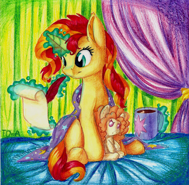 Size: 1227x1200 | Tagged: safe, artist:theorderofalisikus, derpibooru import, adagio dazzle, sunset shimmer, ponified, pony, unicorn, cape, clothes, coffee, coffee mug, plushie, solo, traditional art