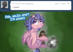 Size: 648x464 | Tagged: artist:prismaya, ask, ball, derpibooru import, firefly, firefly says, football, g1, safe, tumblr