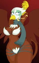 Size: 958x1536 | Tagged: suggestive, artist:lil miss jay, derpibooru import, greta, anthro, gryphon, full service playing cards, the lost treasure of griffonstone, armpits, big breasts, bra, breasts, busty greta, cleavage, clothes, female, gradient background, image, jpeg, scarf, solo, solo female, underwear