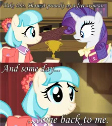 Size: 1273x1431 | Tagged: babylon 5, coco pommel, derpibooru import, female, lesbian, londo mollari, marshmallow coco, modified quote, quote, rarity, rarity takes manehattan, safe, shipping, this will end in tears