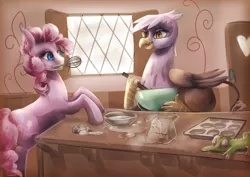 Size: 1200x848 | Tagged: safe, artist:nalenthi, derpibooru import, gilda, gummy, pinkie pie, gryphon, the lost treasure of griffonstone, baking, cute, diapinkes, eye contact, flour, gildadorable, leaning, mouth hold, open mouth, smiling, stirring