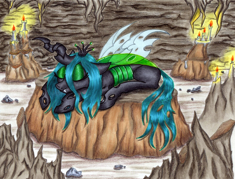 Size: 3193x2435 | Tagged: artist:dgcdvaras, candle, cave, derpibooru import, eyes closed, queen chrysalis, safe, sleeping, solo, traditional art