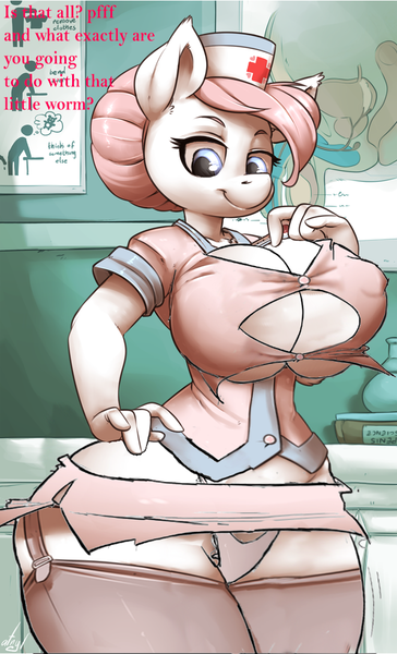 Size: 622x1026 | Tagged: suggestive, artist:atryl, derpibooru import, edit, nurse redheart, anthro, big breasts, breasts, busty nurse redheart, female, huge breasts, solo, teasing