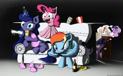 Size: 1600x1000 | Tagged: artist:neitronik, axe, clothes, derpibooru import, exclamation point, faic, gamer dash, gamerdash, gamer luna, pinkie pie, princess luna, rainbow dash, safe, slippers, twilight sparkle, video game, wing hands