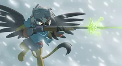 Size: 3100x1700 | Tagged: safe, artist:equestria-prevails, derpibooru import, oc, oc:cassandra, unofficial characters only, gryphon, armor, badass, chainmail, colt root revolver, flying, griffon oc, gun, image, png, revolver, rifle, shooting, snow, snow goggles, snowfall, solo, spread wings, weapon, wings