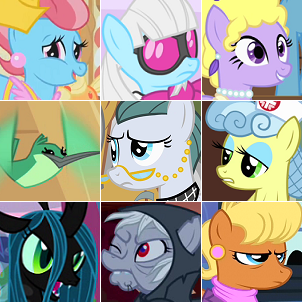 Size: 302x302 | Tagged: bird, cloudy quartz, collage, cup cake, derpibooru import, hummingway, lyrica lilac, ms. harshwhinny, nurse coldheart, nurse snowheart, olden pony, photo finish, queen chrysalis, safe