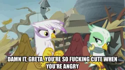 Size: 926x517 | Tagged: safe, derpibooru import, edit, edited screencap, screencap, gilda, greta, gryphon, the lost treasure of griffonstone, caption, cute, female, grelda, image macro, lesbian, meme, shipping, vulgar